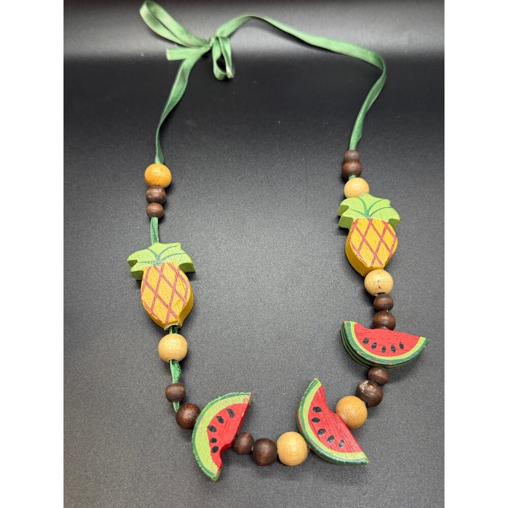 Vintage hand-painted Pineapple and Watermelon wooden bead necklace